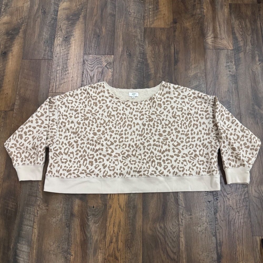Aerie Leopard Print Cropped Sweatshirt XL Tan Cream Animal Print Pullover Cozy